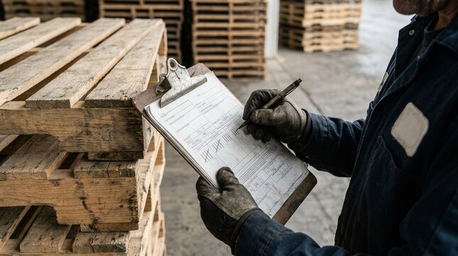 Dock Worker Counting Stacked Pallets while Holding a Bill of Lading