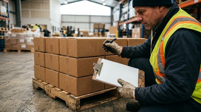 Dock Worker Cross-referencing a Purchase Order against Cartons Stacked on a Pallet