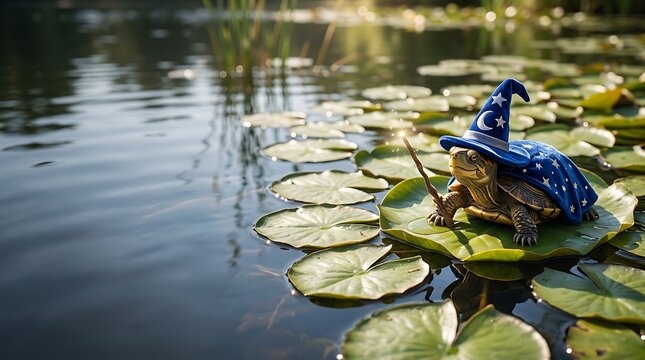 Small turtle wizard wearing blue robes sitting on a green lily pad