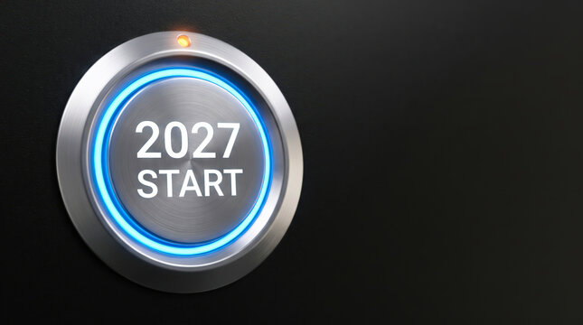 Metallic start button with glowing blue light for 2027 new year concept