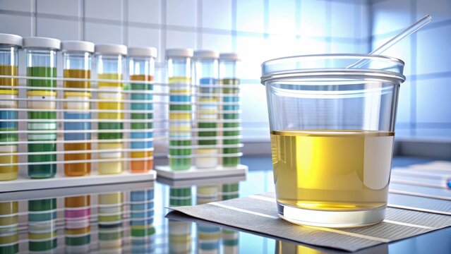 Urinalysis urine cup with reagent strip ph paper test and comparison chart in laboratory