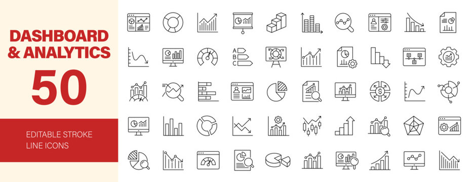 Dashboard and Analytics icon set. Editable line icons. Vector illustration.