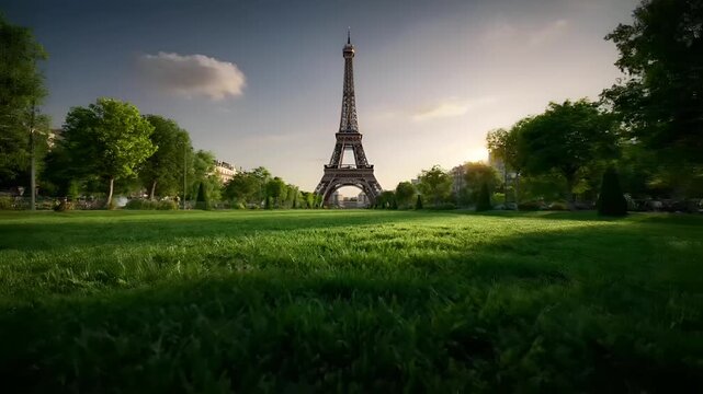 Paris, France, Europe. A vivid portrayal of the Eiffel Tower stands tall against a clear blue sky. The iconic structure is the focal point of the image, surrounded by lush green grass and trees.