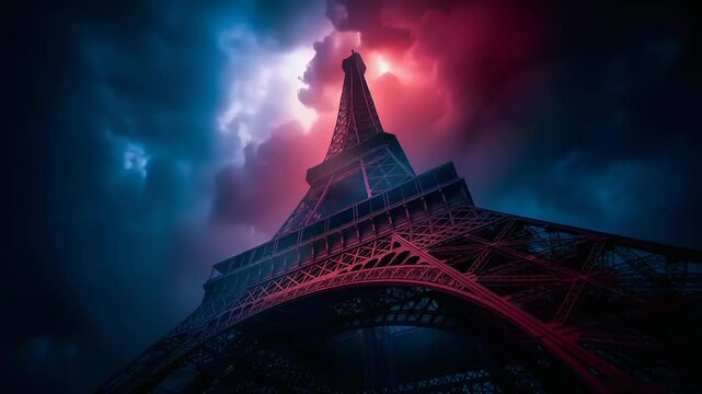 Paris, France, Europe. A vivid digital artwork depicts the Eiffel Tower, a landmark in Paris, France. The eiffel tower stands tall against a dramatic sky filled with dark, stormy clouds.