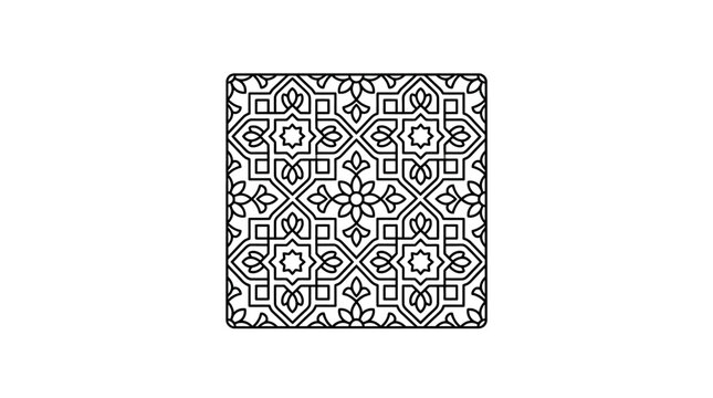 A detailed black and white geometric Islamic pattern with intricate star and floral motifs.