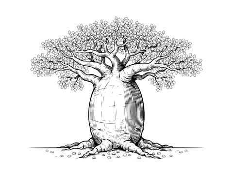 Detailed engraving illustration of a baobab tree with thick trunk and wide leafy canopy