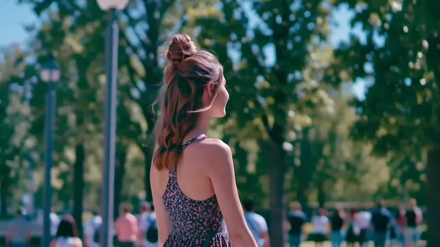 Paris, France, Europe. A vivid portrayal of a young woman standing in front of the Eiffel Tower in Paris, France. She wears a sleeveless dress with a floral pattern in shades of purple and black.