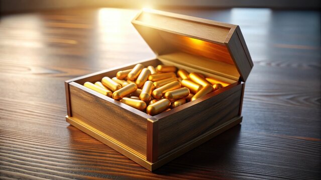 A sleek wooden box containing golden turmeric herb pills rests on a minimalist desk illuminated with soft natural light