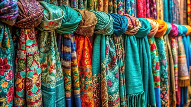 Vibrant hues of turquoise emerald and crimson dance amidst intricately patterned colorful scarves at bustling marketplace stalls