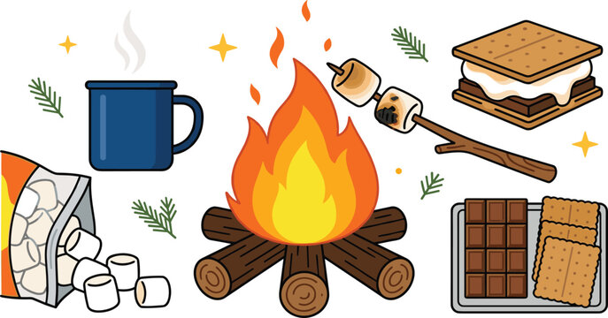 Campfire Smores Vector Illustration Set with Bonfire, Roasted Marshmallows, Chocolate, and Hot Mug Elements for Cozy Camping and Outdoor Autumn Adventure Graphic Designs