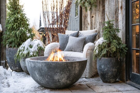 Stone terrace with fire bowl featuring evergreen pots, illuminated by warm fire glow against cool winter tones.