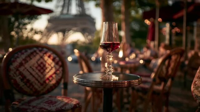 Paris, France, Europe. A vivid outdoor scene captured during the golden hour. A wine glass filled with deep red wine sits on a round, reflective table. The glass reflects the surrounding lights.