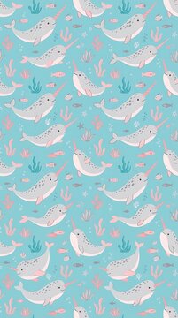 Cute narwhal and marine life seamless pattern on blue background