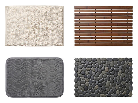 Variety of bathroom floor mats including textured bamboo pebble style and soft plush fabric options isolated on transparent background for home decor design projects.