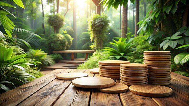 A wooden coasterladen table set amidst lush greenery surrounded by natures serenity