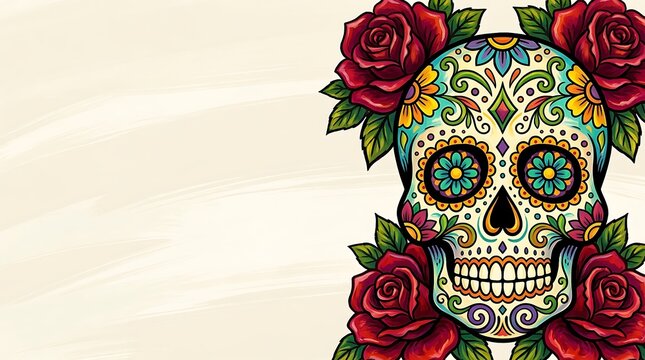 Ornate sugar skull with red roses on beige background