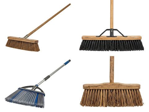 collection of four different brooms and mops isolated on transparent background for cleaning and household chores isolated on grey studio background.