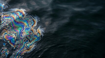 Obraz premium Iridescent oil slick floating on dark rippled water surface