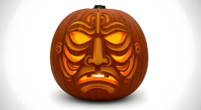 Vibrantly glowing carved pumpkin featuring a detailed, fierce tribal-style face design, illuminating the dark for a classic autumn and Halloween celebration