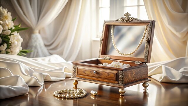 A delicate antique music room showcases an elegant jewelry box with mirror and precious jewels resting on white silk