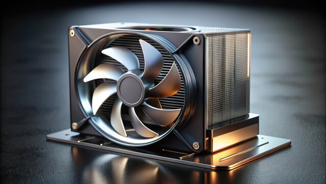 A sleek lowprofile pc component sits atop a glossy black surface radiant electric fan spinning lazily beside a dark drop