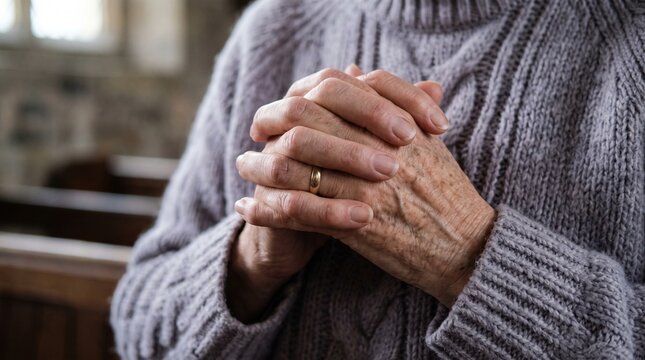 Elderly person's hands clasped in prayer wearing a knitted sweater and a gold wedding ring inside a church