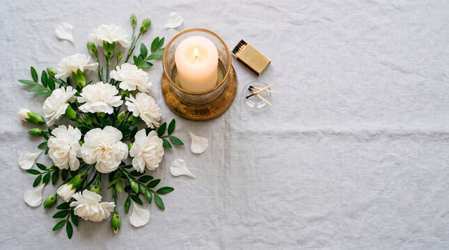 White carnations and a lit candle with matches on a textured linen tablecloth