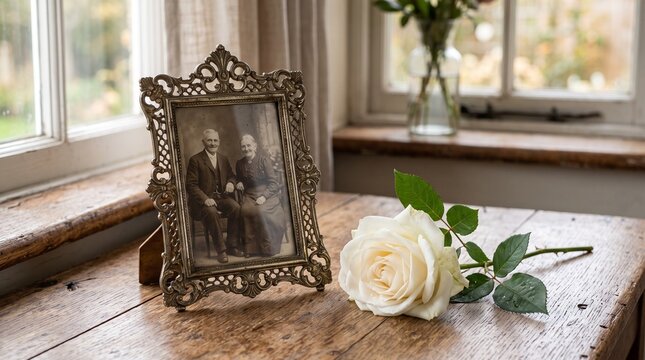 Vintage Sepia Photograph of Elderly Couple in Ornate Frame Beside White Rose on Wooden Table