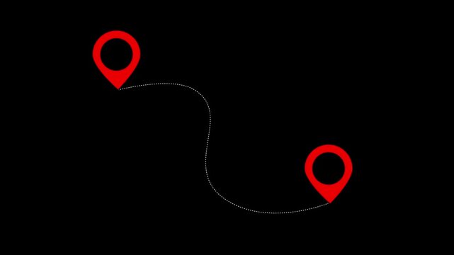 GPS location pointer animated and locator icon. Animated destination, path, and route icon showing map, location pin, and dotted travel line for navigation, journey, and direction. 