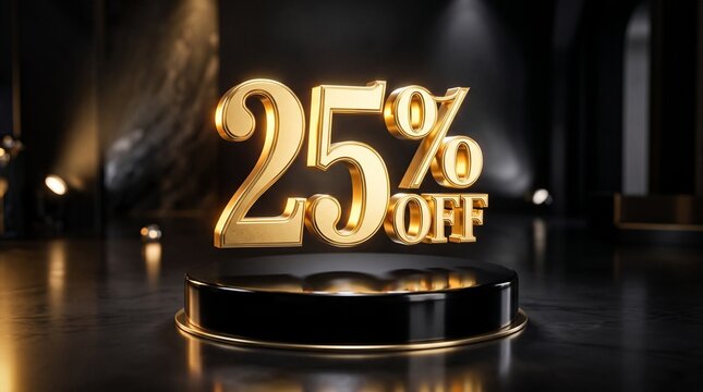Golden 25 Percent Off Discount Offer Displayed on a Pedestal with Dramatic Lighting