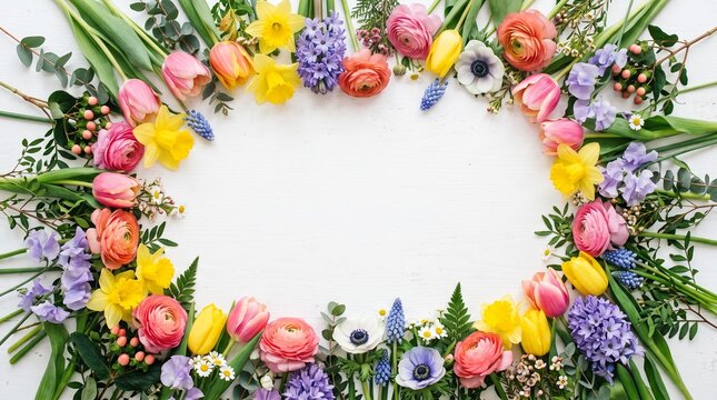 Vibrant Spring Flower Border Arrangement with Tulips Daffodils Ranunculus Hyacinths and Anemones on White Wood