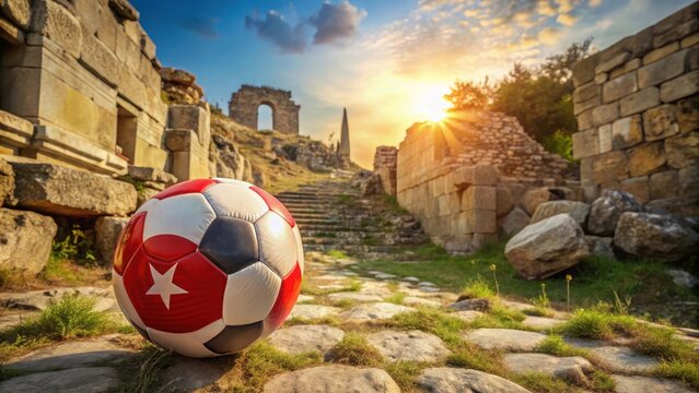 A lone soccer ball adorned with the vibrant red and white flag of turkey lay abandoned on ancient turkish ruins