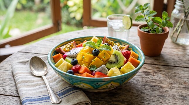 Vibrant Tropical Fruit Salad Bowl Overflowing with Exotic Fruits and Fresh Mint Garnish