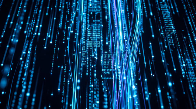 Blue digital matrix binary code background with glowing fiber lines