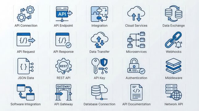 Collection of api related icons and terms for software development with displays grid 16 icons labels related api concepts authentication documentation