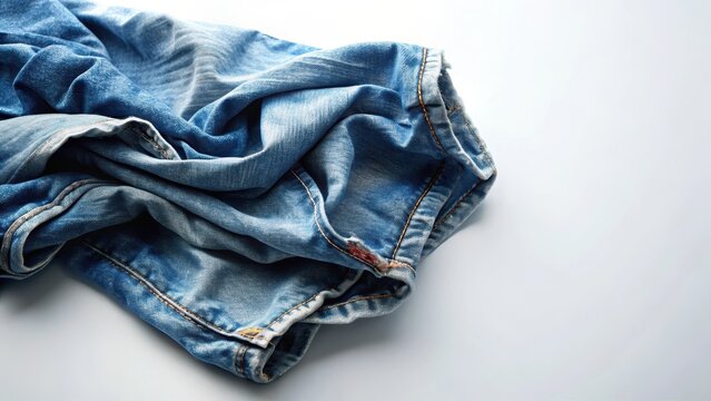 A faded piece of denim gently draped on a crisp white background revealing subtle textures of worn fabric