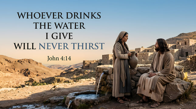 Biblical artwork depicting jesus and the samaritan woman at jacobs well  ideal for religious publications and christian websites.