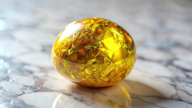A gleaming chalcopyrite yellow stone glows softly against crisp white marble its vibrant hue radiating ancient earthy beauty