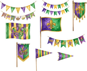 Watercolor Mardi Gras celebration flags, banners, and garlands in purple, green, and gold colors, perfect for festive designs. © Ytaja