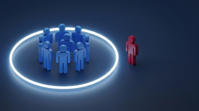3D rendering showing a group of blue figures inside a glowing circle with a single red figure outside, illustrating concepts of isolation or being a visionary.