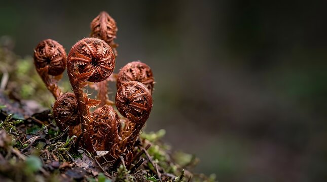 Brown fern fiddleheads emerging from the mossy forest floor