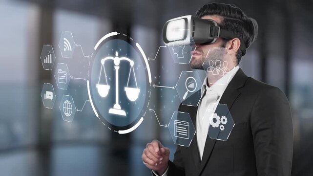 A businessman in a suit engages with a virtual reality headset, interacting with a legal interface that features scales of justice and digital elements in a sleek office space. Raster