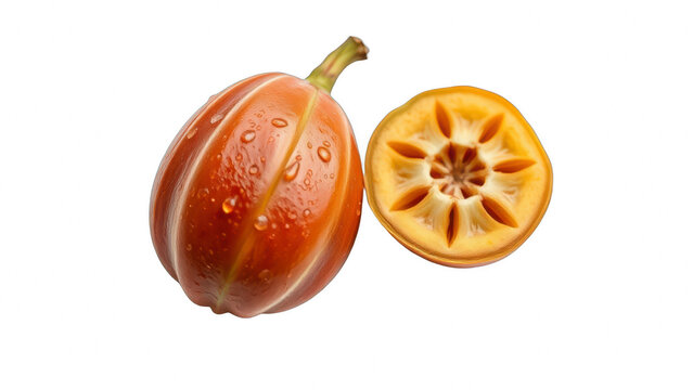 Whole and sliced star apple fruit with water droplets