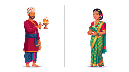 Obraz premium Couple in traditional ethnic clothing holding ritual ceremonial items