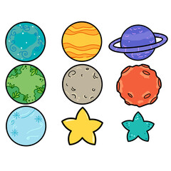 Colorful Cartoon Planet and Space Object Illustration Set © Duks