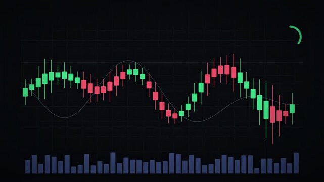 Abstract animated candlestick market chart with volume bars drawn as green and cyan glowing lines and dots on a deep dark background. Clean minimal motion graphics element with free space around it, i