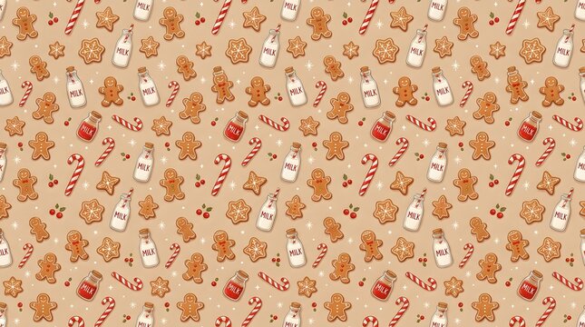 Gingerbread cookies and milk bottles create a festive repeating pattern for holiday decorations.
