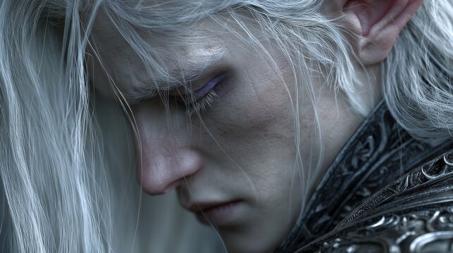 Close-up portrait of a young male drow elf with silver-white hair, pale blue-gray skin, cold violet eyes, wearing dark obsidian armor with arcane details in a cinematic fantasy atmosphere