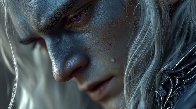Close-up portrait of a young male drow elf with silver-white hair, pale blue-gray skin, cold violet eyes, wearing dark obsidian armor with arcane details in a cinematic fantasy atmosphere