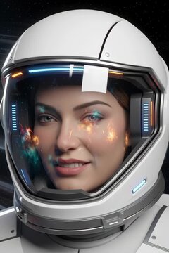 A highly detailed CGI image of a young woman in a futuristic astronaut suit, gazing into the cosmos with vibrant nebulae visible through her visor